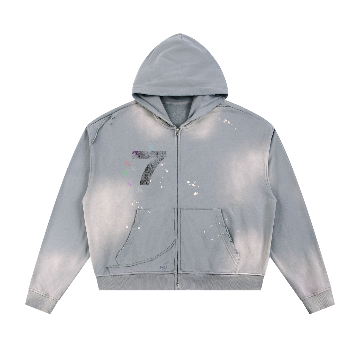 Sun Fade Frayed Raw Edge Fleece Zip Hoodie